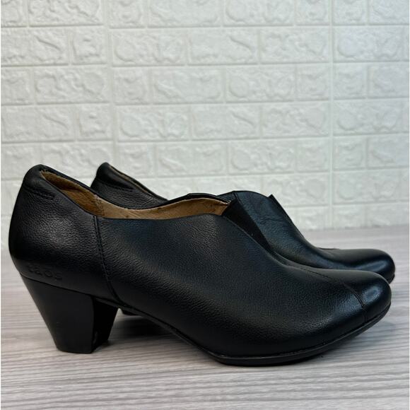 Taos 12751 Gorgeous Pump Shoes SZ 8 Black Leather Slip On Block Heel Almond Toe - Picture 1 of 8